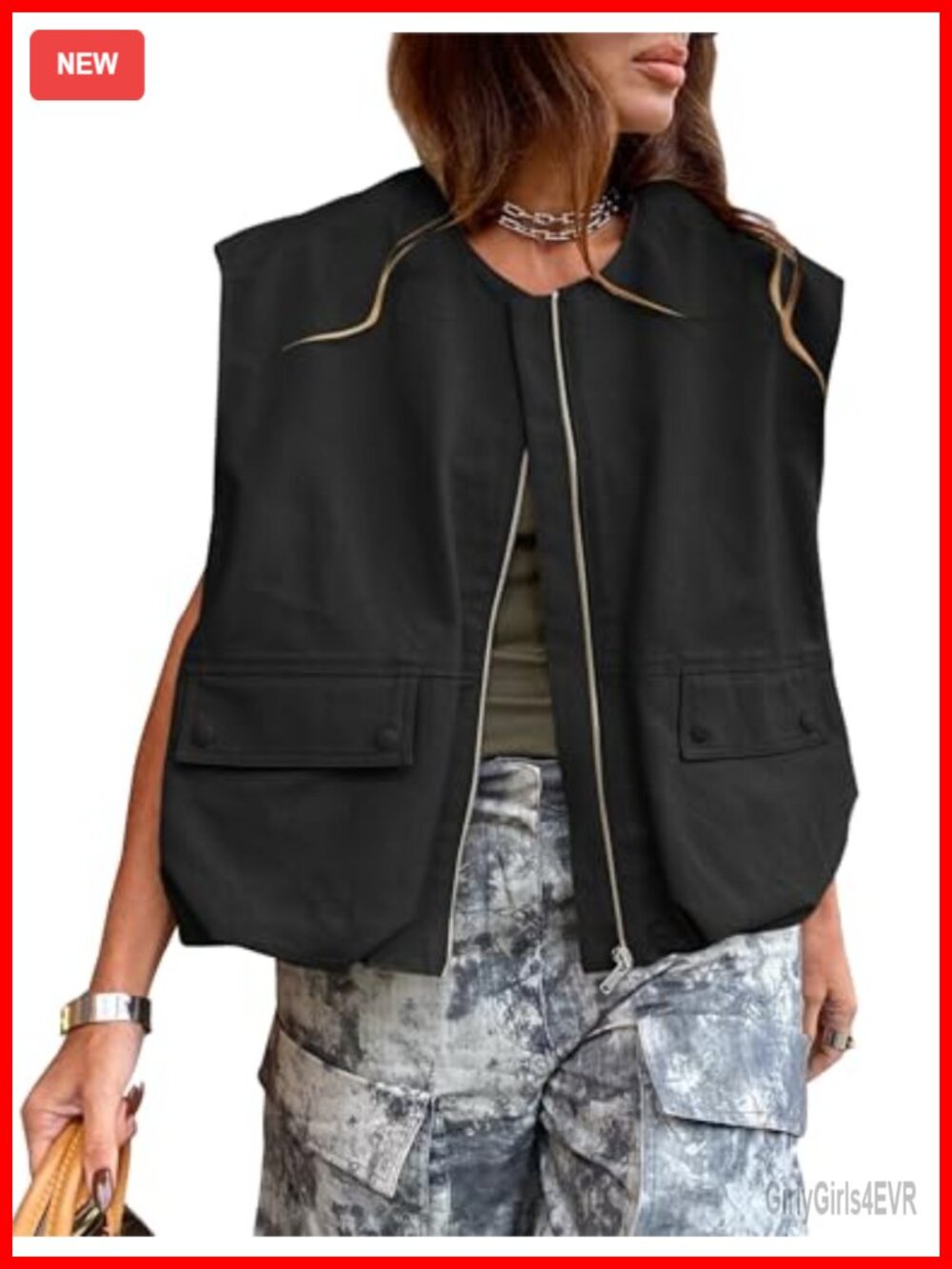 Womens Lightweight Zip Up Cargo Vest Oversized Sleeveless Ruched Hem Utility Top